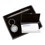 XA01019 - Conjunto Porta-cartão em alumínio, caneta e chaveiro. Gravação a laser nas 3 peças. Embalagem cx cinza com elástico