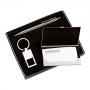 XA01099 - Conjunto Porta-cartão em alumínio, caneta e chaveiro. Gravação a laser nas 3 peças. Embalagem cx cinza com elástico