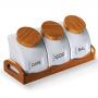 PO03313 Conjunto de potes em porcelana com base em Bambu. Gravação a laser na base de Bambu. Embaagem individual cx Kraft para presente.