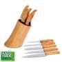 FQ01133 Conjunto de Facas em Bambu/Aço Inox e Cepo em Bambu. Acompanha Cepo Universal em Bambu com filamentos em Polipropileno, faca 8", faca 7'', faca 7" para pão, faca Santoku e faca 5" para desossar em Bambu/Inox. Rebites em Aço Inox 304, um dos mais resistentes à ferrugem e corrosão. Dimensões do cepo: 26,5x17x16cm  Produtos confeccionados em Bambu: Utilizamos o Bambu, por ser uma matéria prima ecológica, autossustentável e com alta resistência. Além de versátil, o Bambu é 30% mais leve que as madeiras de lei. Sua utilização não agride o meio ambiente, pois, quando ceifado rebrota em pouco tempo.  Gravação a Laser no cepo e na lâmina da faca 8".