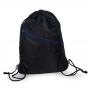 MAL3041  Mochila Fitness confeccionada em nylon na cor preta com detalhe frontal na cor azul, possui alças duplas tipo cordão para fechamento e transporte. Bolso externo para documentos com zíper reforçado e puxador metálico. Fundo ovalado que proporciona excelente acondicionamento de carga. Excelente área para gravação em silk screen. Capacidade cúbica: 12 litros. Capacidade de carga: 5Kg. Medidas: A:450x L:360x P:100mm. »  Embalagem: Saco plástico »  Gravação: Silk 01cor