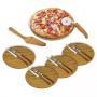 KT00263 Conjunto para Pizza em Bambu. Acompanha tábua, espátula e quatro pratos em Bambu 20cm cada. Acompanha também cortador de Pizza, quatro facas e quatro garfos de mesa em Bambu/Inox. Tábua confeccionada com tripla camada invertida, para dar maior durabilidade e não deformar com o passar do tempo. Dimensões da tábua: 30x1,5cm   Produtos confeccionados em Bambu: Utilizamos o Bambu, por ser uma matéria prima ecológica, autossustentável e com alta resistência. Além de versátil, o Bambu é 30% mais leve que as madeiras de lei. Sua utilização não agride o meio ambiente, pois, quando ceifado rebrota em pouco tempo.  Sugestão de Gravação: Uma gravação a Laser na tábua.