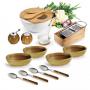 KT00283 Conjunto para Caldos em Bambu. Acompanha concha e tigela 3L em Porcelana, 4 colheres de sopa com cabo em Bambu, 2 colheres, 4 cumbucas 300ml cada, ralador, conjunto para sal e pimenta em Bambu.  Produtos confeccionados em Bambu: Utilizamos o Bambu, por ser uma matéria prima ecológica, autossustentável e com alta resistência. Além de versátil, o Bambu é 30% mais leve que as madeiras de lei. Sua utilização não agride o meio ambiente, pois, quando ceifado rebrota em pouco tempo.  Sugestão de Gravação: Uma gravação a Laser na tampa da tigela.