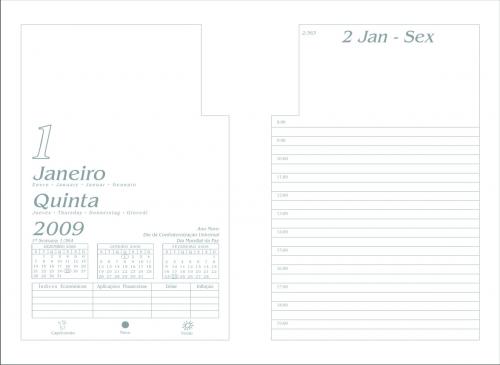 Agenda de mesa diária, miolo em reciclato ou off set branco, formato 11,7x17,5cm, 612 paginas, impressao cinza