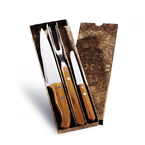KF00723 - Conjunto de facas Inox/bambu Special Line c/ 3 peças. Gravação a laser na faca de 7