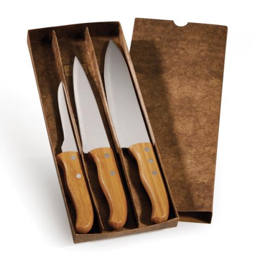 KF00823 - Conjunto de facas Inox/bambu Special Line c/ 3 peças. Gravação a laser na faca de 8 KF00823 - Conjunto de facas Inox/bambu Special Line c/ 3 peças. Gravação a laser na faca de 8
