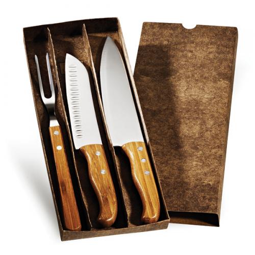 KF00843 - Conjunto de facas Inox/bambu Special Line c/ 3 peças. Gravação a laser na faca de 8 KF00843 - Conjunto de facas Inox/bambu Special Line c/ 3 peças. Gravação a laser na faca de 8