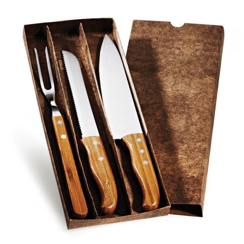KF00853 - Conjunto de facas Inox/bambu Special Line c/ 3 peças. Gravação a laser na faca de 8 KF00853 - Conjunto de facas Inox/bambu Special Line c/ 3 peças. Gravação a laser na faca de 8