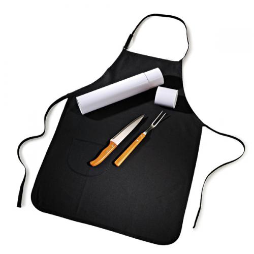 TB21703- Conjunto Tubular com Garfo e Faca Inox/Bambu Hamburgo e avental de brim preto c/ silk - Embalagem Tubular Branca com silk TB21703- Conjunto Tubular com Garfo e Faca Inox/Bambu Hamburgo e avental de brim preto c/ silk - Embalagem Tubular Branca com silk