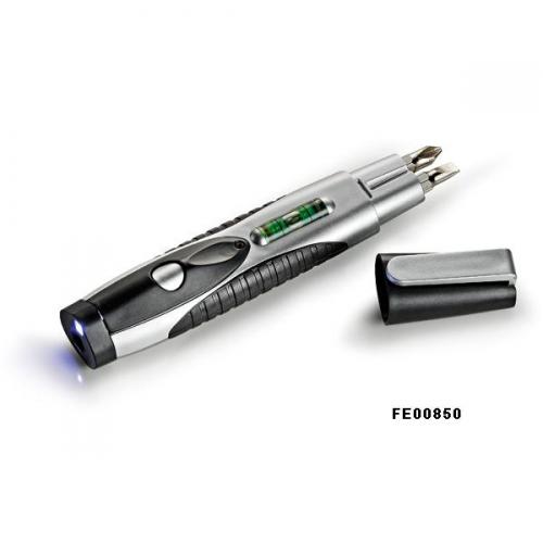 FE00850 - Conjunto de ferramentas Fenda/Philips, Nível e lanterna. Gravação a laser. Embalagem cx cinza