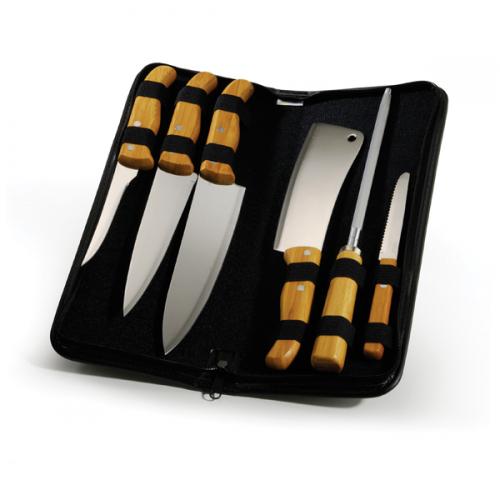 PB00223 - Conjunto de facas e Garfo Inox/ Bambu Frankfurt - Estojo Preto com gravaçao silk PB00223 - Conjunto de facas e Garfo Inox/ Bambu Frankfurt - Estojo Preto com gravaçao silk