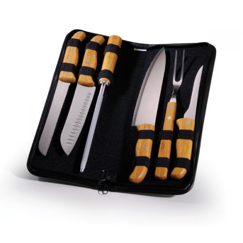 PB00243 - Conjunto de facas e Garfo Inox/ Bambu Frankfurt - Estojo Preto com gravaçao silk PB00243 - Conjunto de facas e Garfo Inox/ Bambu Frankfurt - Estojo Preto com gravaçao silk