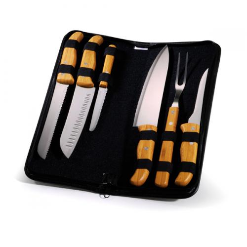 PB00273 - Conjunto de facas e Garfo Inox/ Bambu Frankfurt - Estojo Preto com gravaçao silk PB00273 - Conjunto de facas e Garfo Inox/ Bambu Frankfurt - Estojo Preto com gravaçao silk