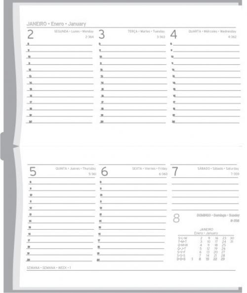 910 - Agendas personalizadas, Modelo Málaga Semanal de bolsa, Formato 15x8,8cm. 128 paginas em papel off Set Branco