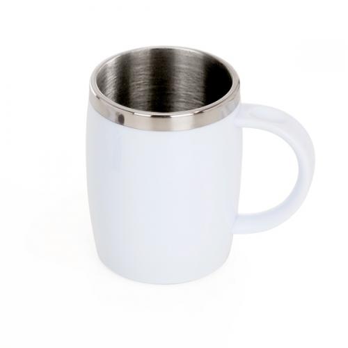 IC00500 Caneca personalizada, Material Inox com acabamento externo em PP Branco. Capacidade 500ml. Gravação silk 01 cor/ 01 lado. Embalagem individual cx cinza