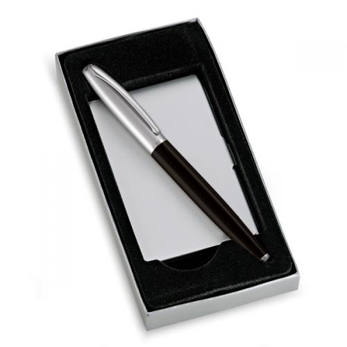 CP12041 - Conjunto de caneta de metal com porta-cartão. Gravação a laser nas duas peças. Embalagem cx cinza com elástico CP12041 - Conjunto de caneta de metal com porta-cartão. Gravação a laser nas duas peças. Embalagem cx cinza com elástico