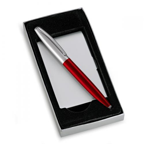 CP12044  - Conjunto de caneta de metal com porta-cartão. Gravação a laser nas duas peças. Embalagem cx cinza com elástico