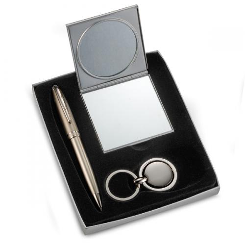 EF02019 - Conjunto feminino com caneta de metal, chaveiro e espelho duplo. Gravação a laser nas 3 peças. Cx cinza com elastico
