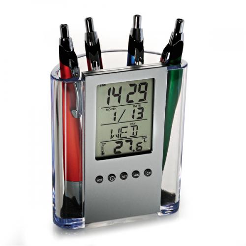 RM00590 - Porta-canetas com relógio digital em acrílico e alumínio. Gravação a laser. Embalagem Individual cx cinza