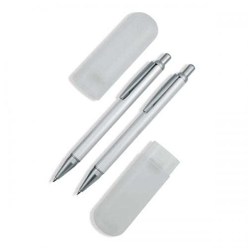 CL34060 - Conjunto de caneta e lapiseira em Alumínio Prata. Gravação a laser nas duas peças. Estojo de PVC. Embalagem cx cinza