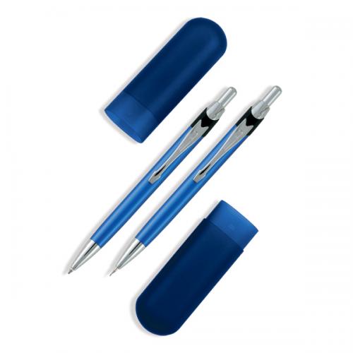 CL42063 - Conjunto de caneta e lapiseira em Alumínio Azul. Gravação a laser nas duas peças. Estojo de PVC. Embalagem cx cinza CL42063 - Conjunto de caneta e lapiseira em Alumínio Azul. Gravação a laser nas duas peças. Estojo de PVC. Embalagem cx cinza