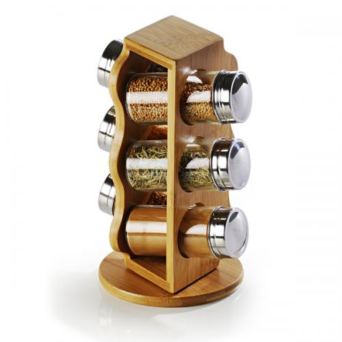 TE00873 Porta condimentos em bambu com 6 vidros. Gravação a laser na base de bambu. Embalagem individual em caixa Kraft para presente TE00873 Porta condimentos em bambu com 6 vidros. Gravação a laser na base de bambu. Embalagem individual em caixa Kraft para presente