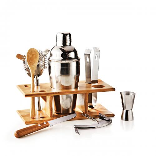 KB00413 Conjunto de utensílios com base em bambu. 01 coqueteleira de 550ml, 01 dosador 20/40ml, 01 pegador de gelos, 01 faca de serra 4