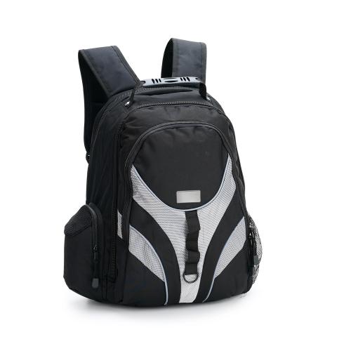 MAL3009 Mochila em poliéster reforçado na cor preta com detalhes prata e viés refletivo de segurança na parte frontal, com 07 compartimentos, sendo 05 internos, entre estes 01 compartimento protegido e acolchoado com EVA para Notebook 15