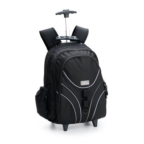 MAL3021 Mochila tipo trolley com rodinhas e haste retrátil em alumínio, com capa de proteção acolchoada para rodinhas quando utilizada na posição mochila e bolso externo com velcro para acondicionamento das alças quando utilizada como trolley, confeccionada em poliéster reforçado na cor preta e viés refletivo de segurança na parte frontal, com 08 compartimentos, sendo 05 internos,entre estes 01 compartimento protegido e acolchoado com EVA para Notebook 15