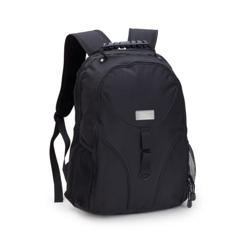 MAL3022 Mochila em poliéster reforçado na cor preta, com 04 compartimentos, sendo 04 internos, entre estes 01 compartimento protegido e acolchoado com EVA para notebook 15