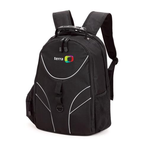 MAL3014 Mochila em poliéster reforçado na cor preta com viés refletivo de segurança na parte frontal, com 06 compartimentos, sendo 04 internos, entre estes 01 compartimento protegido e acolchoado com EVA para Notebook 15