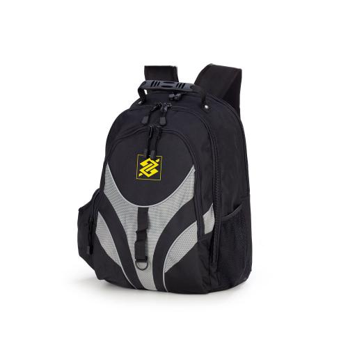 MAl3009 Mochila em poliéster reforçado na cor preta com detalhes prata e viés refletivo de segurança na parte frontal, com 07 compartimentos, sendo 05 internos, entre estes 01 compartimento protegido e acolchoado com EVA para Notebook 15