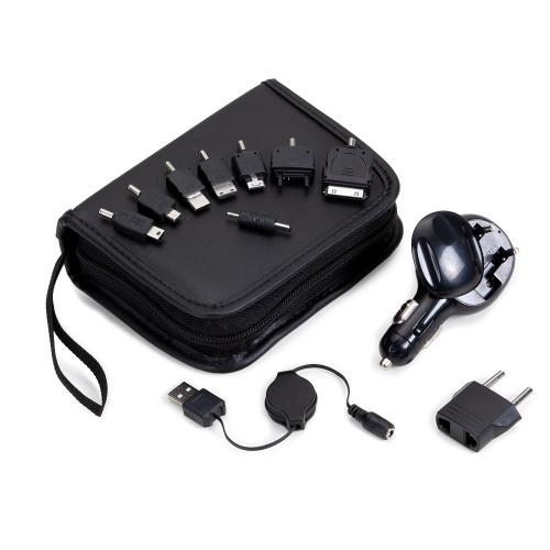INF3011 Carregador universal para celular 3 em 1 (adaptador veicular, tomada bivolt e USB) em estojo de couro sintético preto com 11 peças. Kit composto por: 01 cabo de conexão/extensão USB, 01 adaptador tomada e 8 adaptadores para os modelos Blackberry, Nokia, Motorola, Samsung, LG e Iphone 4 e 5. Recarrega também diversos tipos de eletrônicos » Embalagem: Caixa kraft - Med.: 160x 127x 54mm » Gravação: Silk 01 cor no estojo INF3011 Carregador universal para celular 3 em 1 (adaptador veicular, tomada bivolt e USB) em estojo de couro sintético preto com 11 peças. Kit composto por: 01 cabo de conexão/extensão USB, 01 adaptador tomada e 8 adaptadores para os modelos Blackberry, Nokia, Motorola, Samsung, LG e Iphone 4 e 5. Recarrega também diversos tipos de eletrônicos » Embalagem: Caixa kraft - Med.: 160x 127x 54mm » Gravação: Silk 01 cor no estojo
