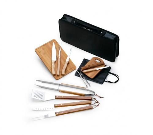 XEM4227 Estojo maleta para churrasco/caipirinha 14 peças em material sintético com faca, garfo, espátula e pegador para churrasco cabo longo, faca 7