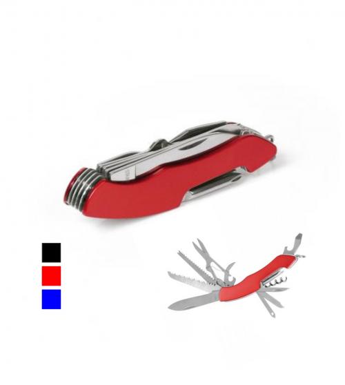 CN00274 Canivete de Metal e Alumínio anodizado vermelho. Possui 12 funções: tesoura, chave philips, chave de fenda, pulsador, lima, saca rolhas, agulha, lâmina, descamador de peixes, serra, abridor de garrafa e latas. Dimensões: 9,5x2,5x1,5cm. Gravação a laser 01 lado