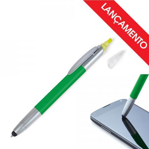CE70005 Caneta em ABS esferográfica 3 em 1 verde. Carga esferográfica azul acionada com um giro no corpo da caneta, marca texto amarelo e ponta touch para smartphones e tablets. Caneta marca texto com ponta chanfrada, que permite duas espessuras de traços. Dimensões: 14x1cm . Gravação a laser/ 01 posição. Embalagem individual CE70005 Caneta em ABS esferográfica 3 em 1 verde. Carga esferográfica azul acionada com um giro no corpo da caneta, marca texto amarelo e ponta touch para smartphones e tablets. Caneta marca texto com ponta chanfrada, que permite duas espessuras de traços. Dimensões: 14x1cm . Gravação a laser/ 01 posição. Embalagem individual