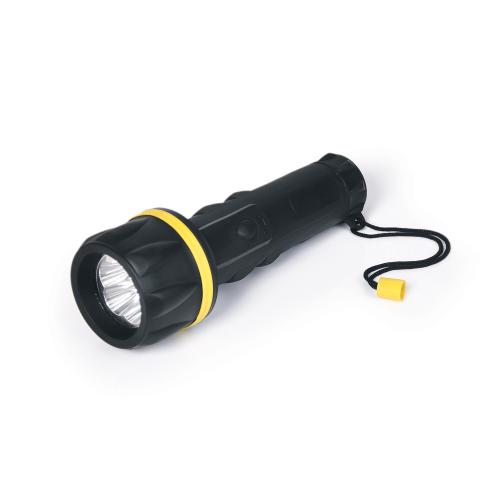 LN00271 Lanterna LED em Borracha preta/amarela com alça de mão.  Conta com 3 LEDs, acionada através de duas pilhas AA (não inclusas).  Potência: 10 lúmens  Dimensões: 14,5x3,5cm   Utilidade do Produto: Ideal para camping, pescaria e esportes de aventura!   Sugestão de Gravação: Uma gravação a Laser.
