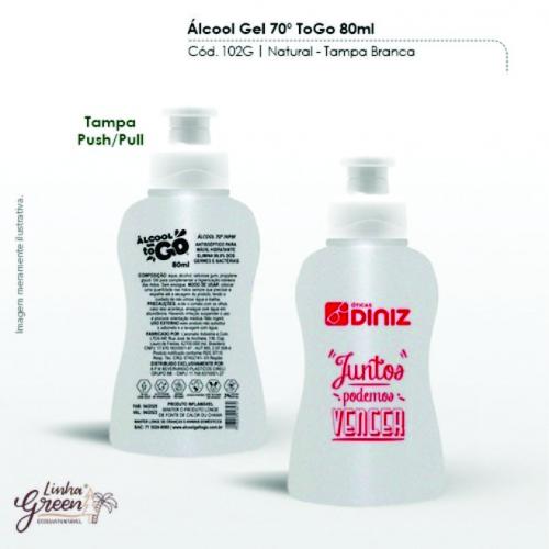 Alcool gel 70° ToGo. Frasco de 80ml com tampa Push/Pull. Gravação silk 01 cor 