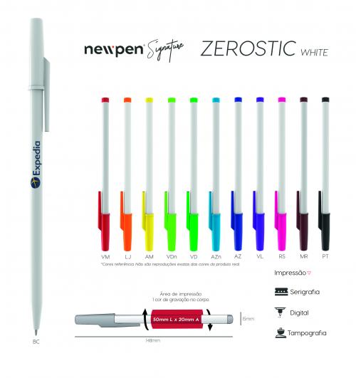 Caneta Esferográfica Nacional New Pen, ZERO WHITE.Modelo com fabricação 100% nacional com material de alta qualidade. 100% testadas e com garantia de 2 anos de fabricação. Gravação silk 01 cor