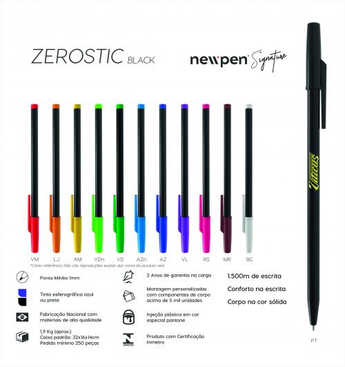 Caneta Esferográfica Nacional New Pen, ZERO BLACK. Modelo com fabricação 100% nacional com material de alta qualidade. 100% testadas e com garantia de 2 anos de fabricação. Gravação silk 01 cor