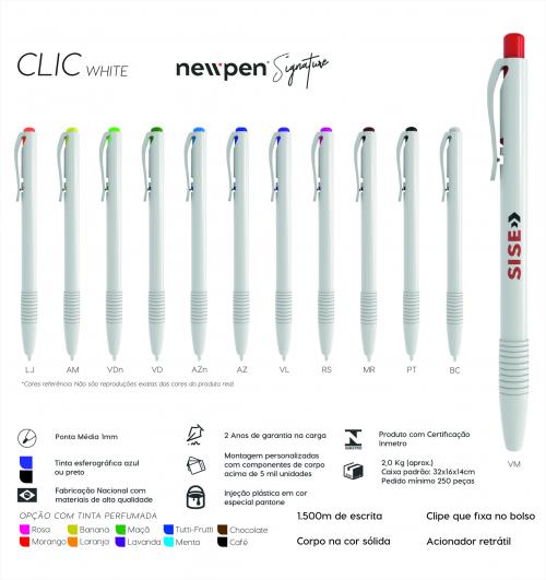 Canetas personalizadas CLIC WHITE. Modelo com fabricação 100% nacional com material de alta qualidade. 100% testadas e com garantia de 2 anos de fabricação. Gravação silk 01 cor Canetas personalizadas CLIC WHITE. Modelo com fabricação 100% nacional com material de alta qualidade. 100% testadas e com garantia de 2 anos de fabricação. Gravação silk 01 cor