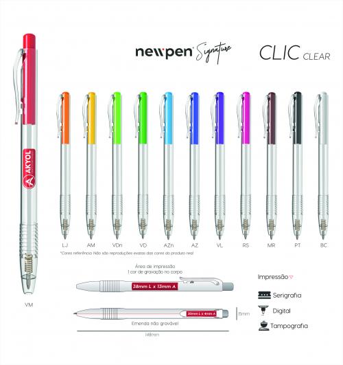 Canetas personalizadas CLIC CLEAR. Modelo com fabricação 100% nacional com material de alta qualidade. 100% testadas e com GARANTIA de 2 anos de fabricação. Gravação silk 01 cor Canetas personalizadas CLIC CLEAR. Modelo com fabricação 100% nacional com material de alta qualidade. 100% testadas e com GARANTIA de 2 anos de fabricação. Gravação silk 01 cor