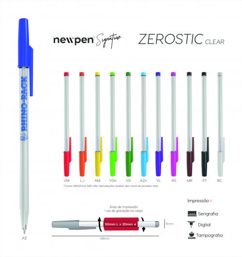 Caneta Esferográfica Nacional New Pen, ZERO CLEAR. Modelo com fabricação 100% nacional com material de alta qualidade. 100% testadas e com garantia de 2 anos de fabricação. Gravação silk 01 cor