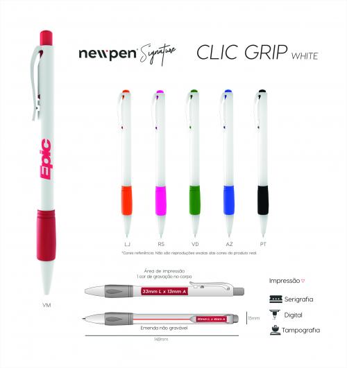 Canetas personalizadas CLIC GRIP WHITE. Modelo com fabricação 100% nacional com material de alta qualidade. 100% testadas e com garantia de 2 anos de fabricação. Gravação silk 01 cor