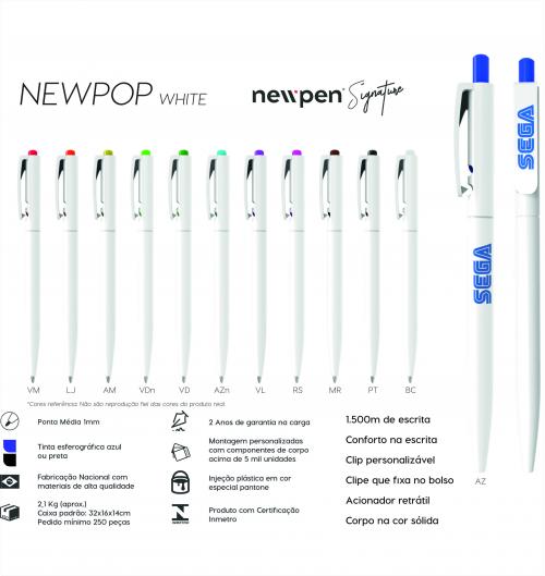 Canetas personalizadas NEWPOP WHITE. Modelo com fabricação 100% nacional com material de alta qualidade. 100% testadas e com garantia de 2 anos de fabricação. Gravação silk 01 cor Canetas personalizadas NEWPOP WHITE. Modelo com fabricação 100% nacional com material de alta qualidade. 100% testadas e com garantia de 2 anos de fabricação. Gravação silk 01 cor