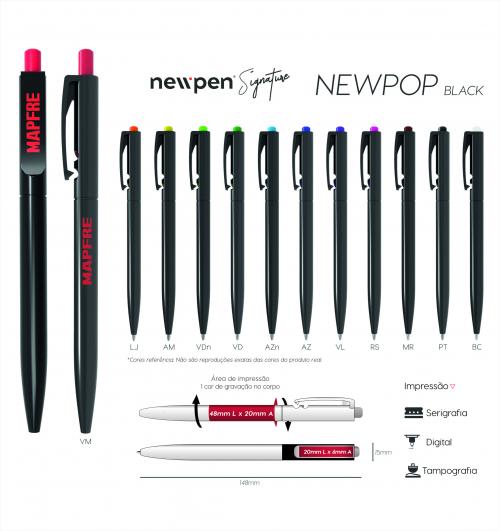 Canetas personalizadas NEWPOP BLACK. Modelo com fabricação 100% nacional com material de alta qualidade. 100% testadas e com garantia de 2 anos de fabricação. Gravação silk 01 cor